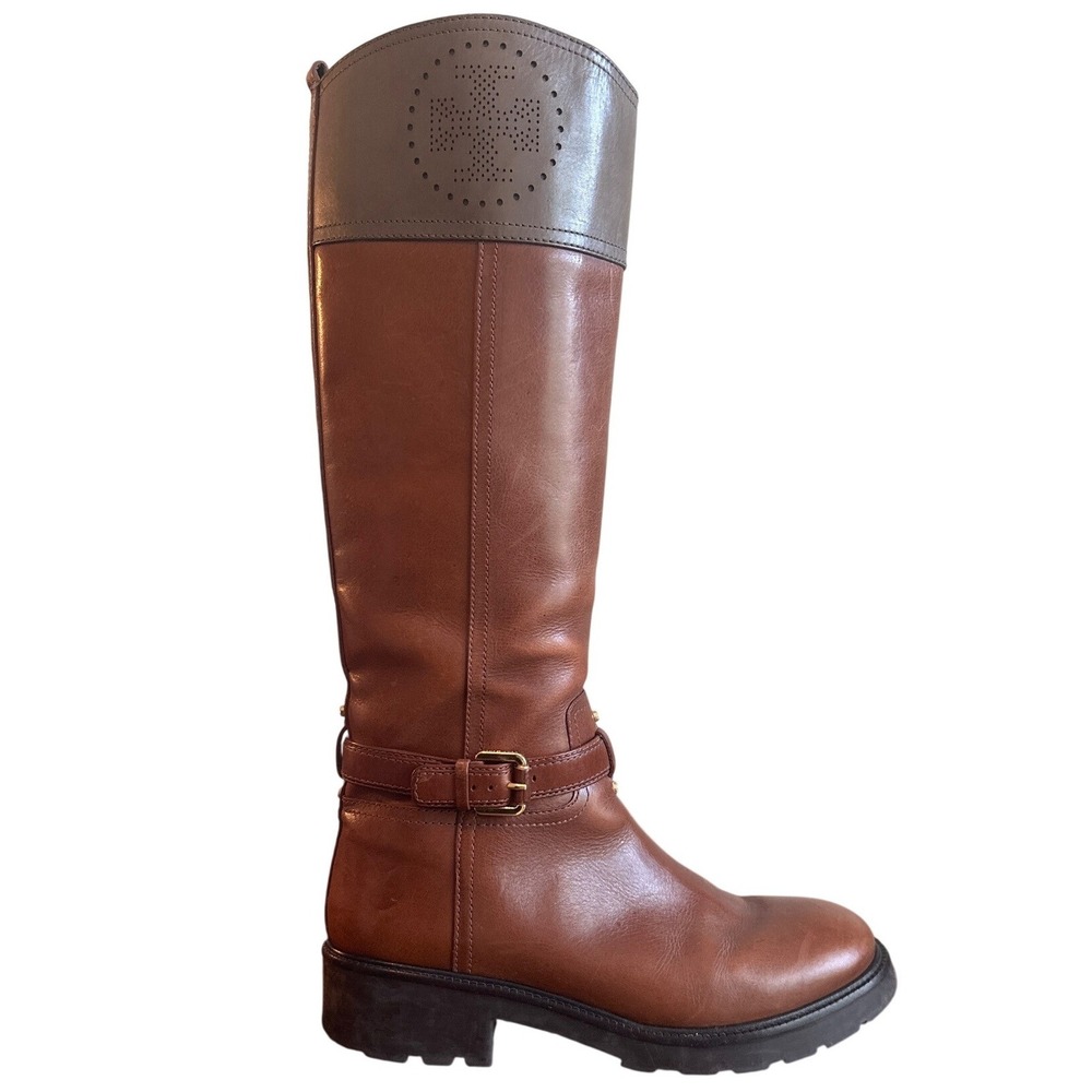 Tory Burch Daniela Cognac Leather Riding Boots Lug Sole Logo 10.5